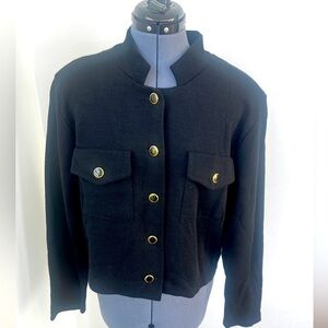 Vintage Sz L CW Clifford & Willis Black Wool Knit Mandarin Jacket Blazer Classic